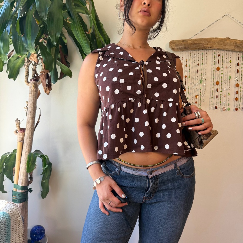 Marc New York Brown Polka Dot Sleeveless Babydoll Top Twee Retro L